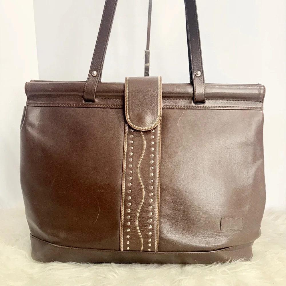 Vintage Kathi Kilburn Brown Leather Studded Tote Bag Handcrafted in Spain RARE